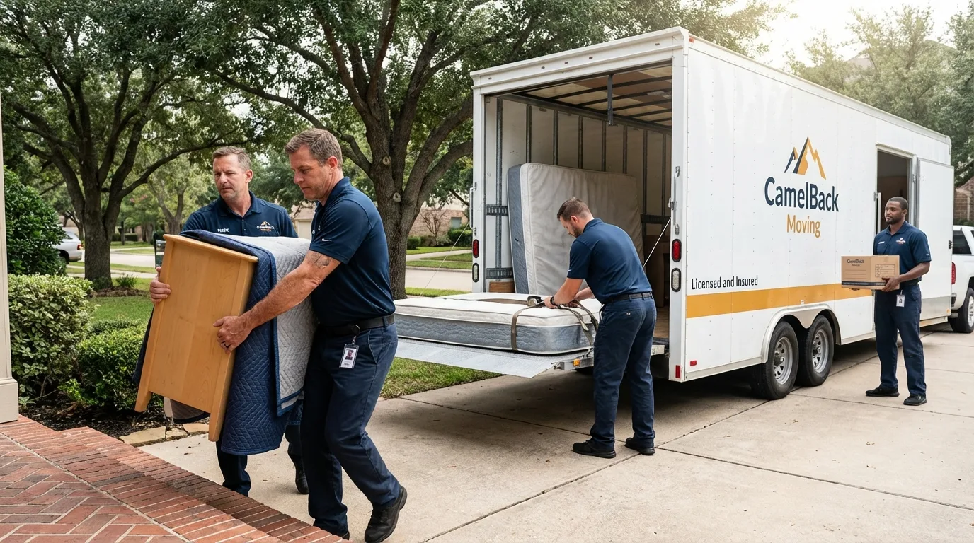 Crew loading residential truck for cross-state move from Big Bend, WI
