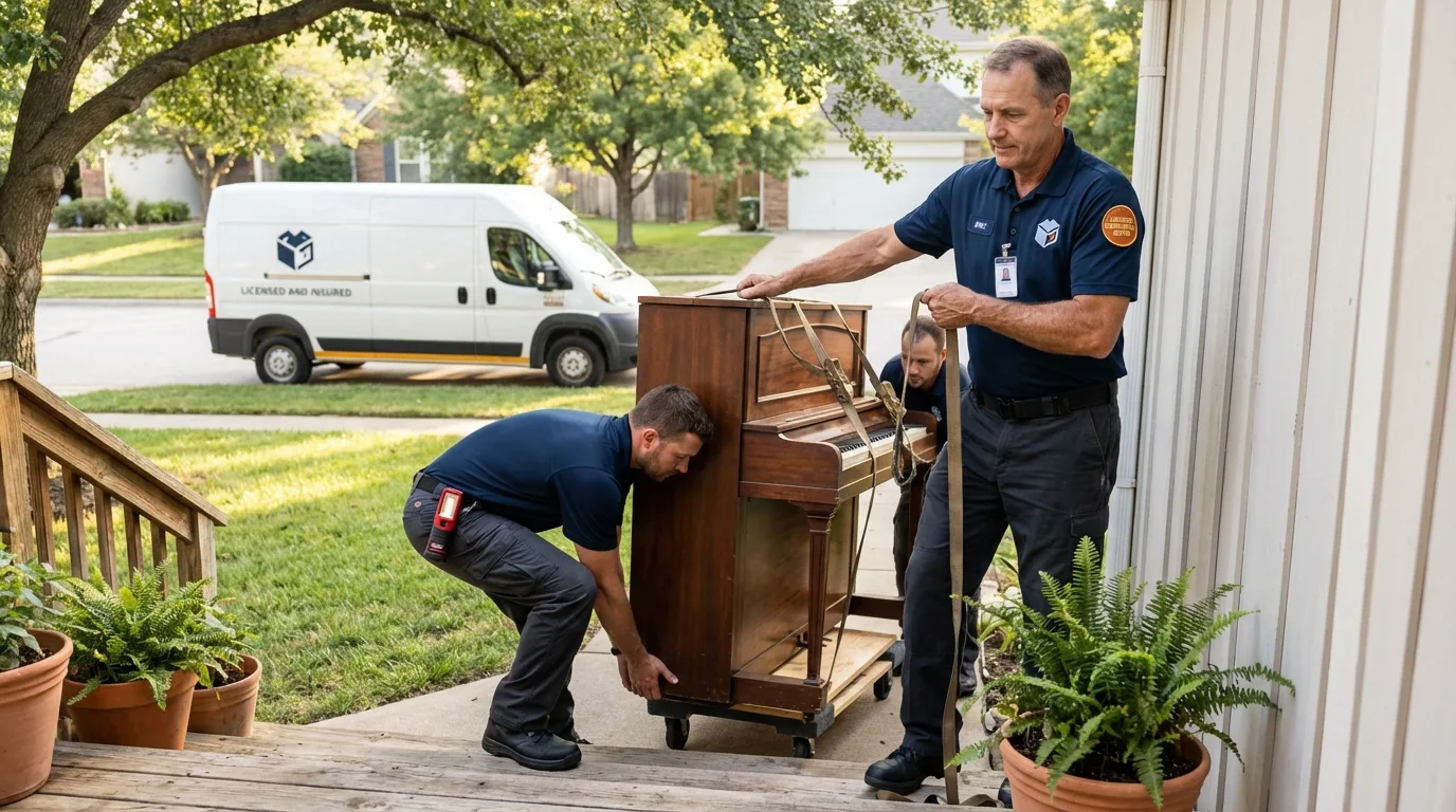 Licensed piano movers securing grand piano in Big Bend, WI