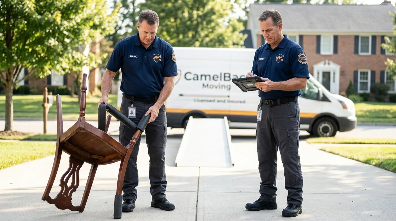 Movers inspecting furniture for damage prevention before loading in Big Bend, WI